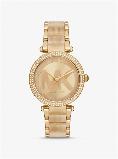 michael kors parker pavé gold-tone and navy acetate watch|Amazon.com: Michael Kors Women's Two Tone Parker Watch .